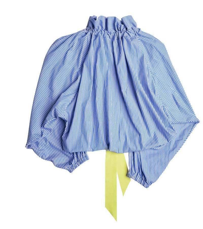 Oversize Ruffled Bow Striped Blouse-SkyBlue