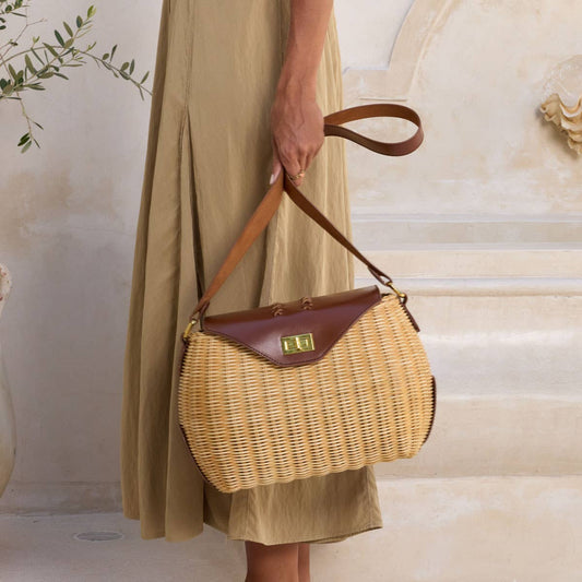 Dark Brown Leather Trim Rattan Shoulder Bag