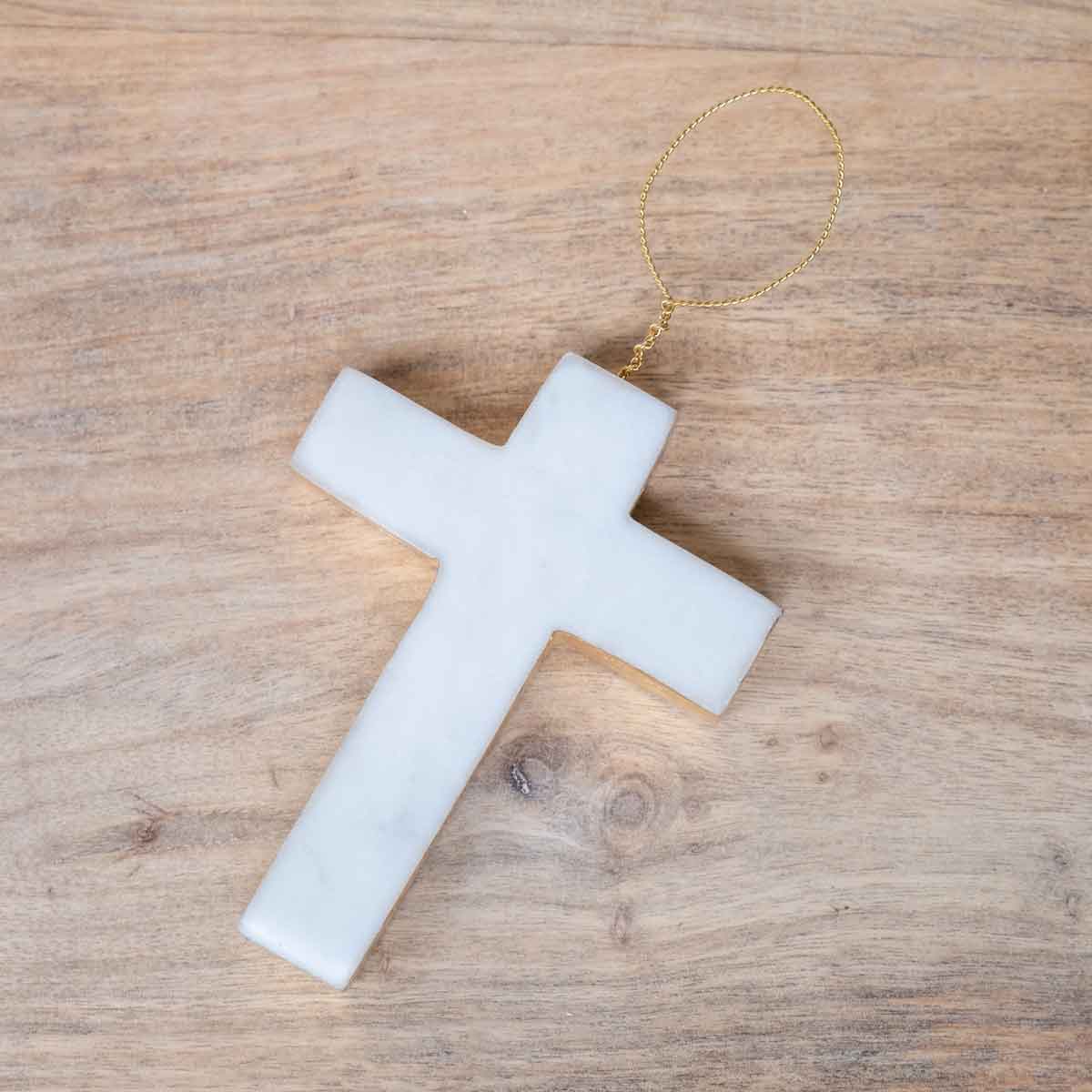 The Royal Standard - Cross Marble Ornament White/Gold 3x4x.6