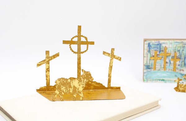 Gold Metal Easter Lamb & Cross Silhouette