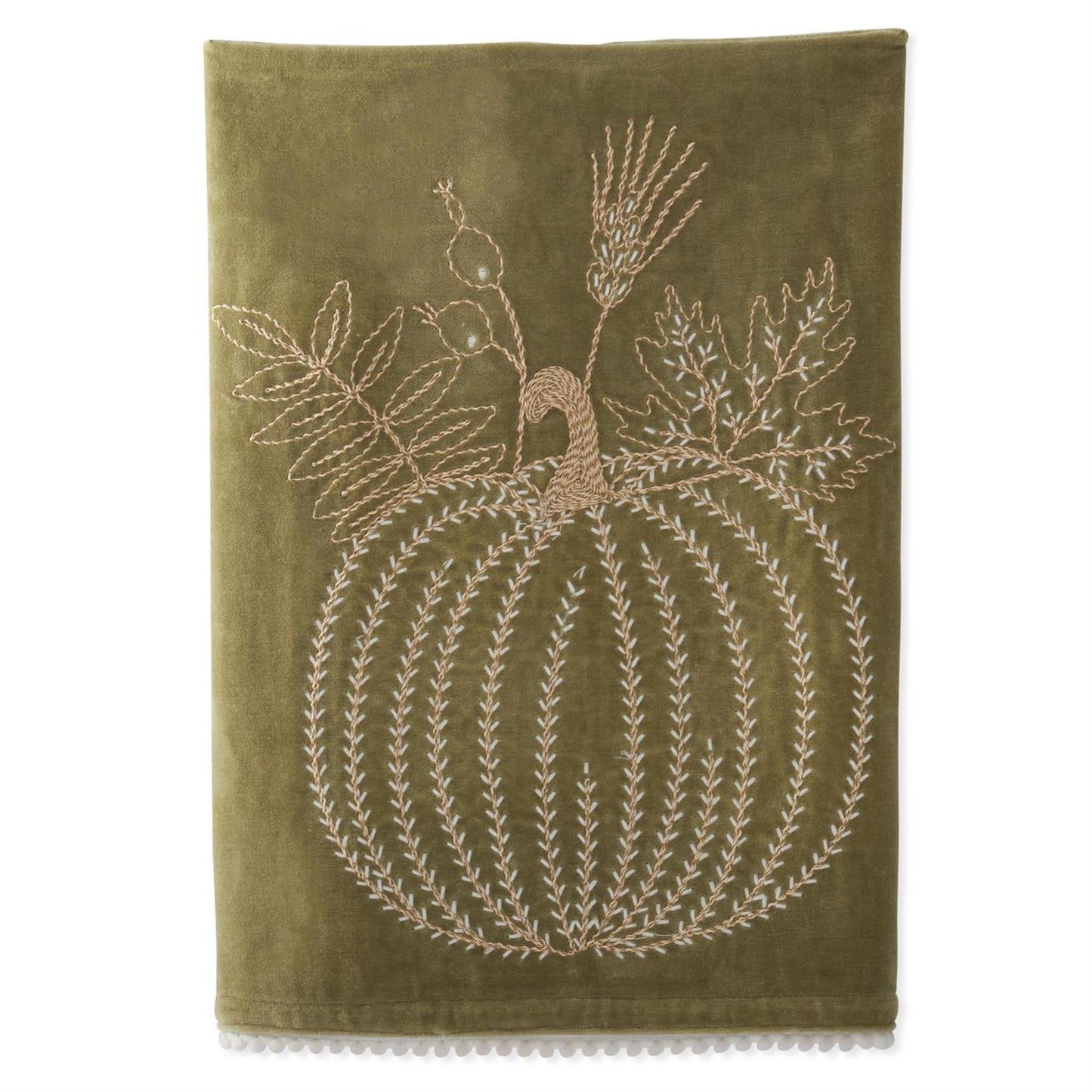 Green towel with embroidered pumpkin design on a white background