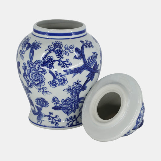 10” Blue & White Temple Jar ( Bird Glower Pattern)