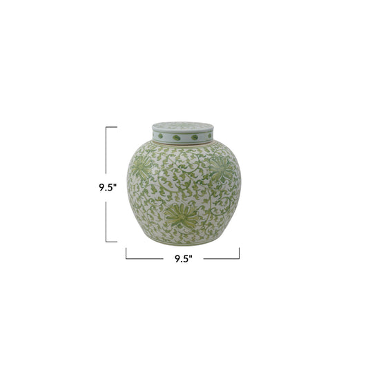 Decorative Hand-Painted Stoneware Ginger Jar w/ Floral Pattern, Green & White