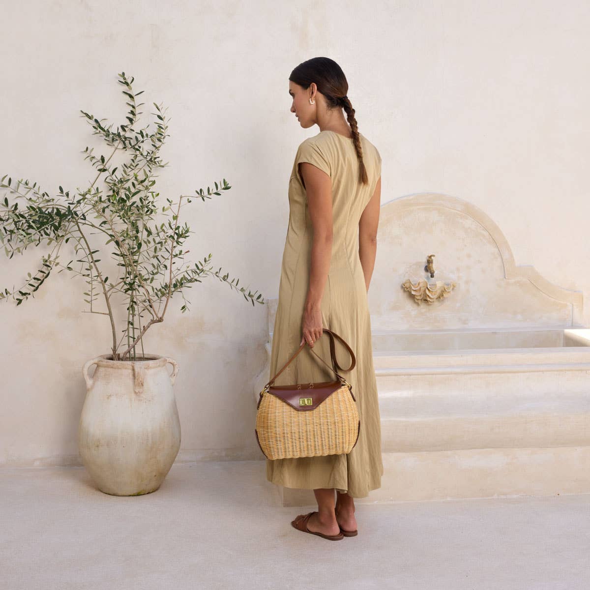 Dark Brown Leather Trim Rattan Shoulder Bag