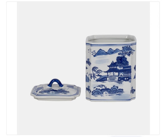 8” Chinoiserie Blue & White Rectangular Jar w/Lid