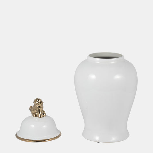 18” Lion Head Temple Jar (White/Gold)
