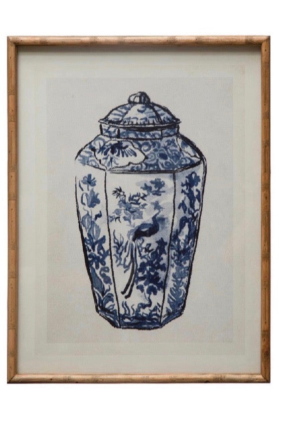 Wood Framed Glass Wall Décor w/ Cachepot, Blue & White Set