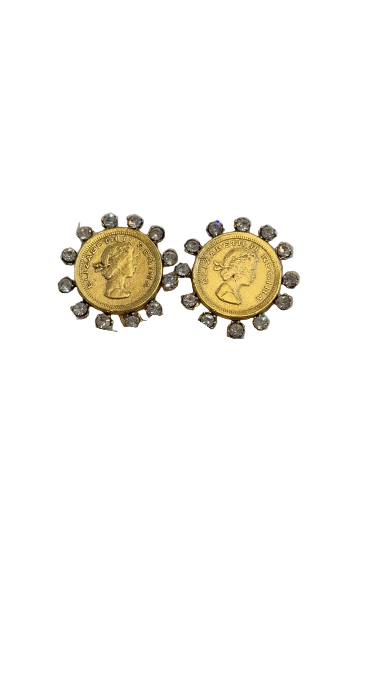 Gold Coin Diamond Stud Clip On Earrings