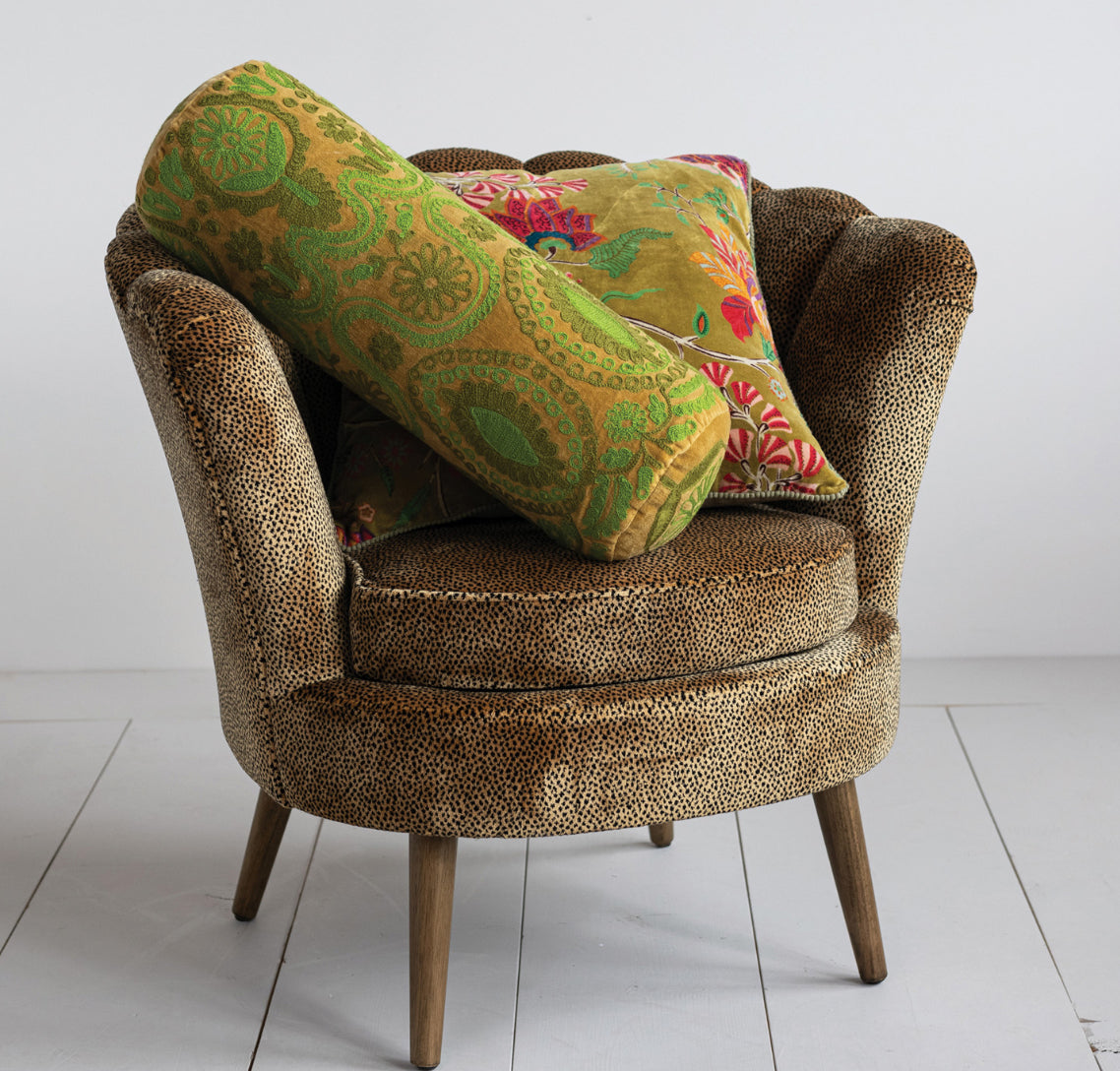 Cotton Velvet Embroidered Bolster Pillow, Green