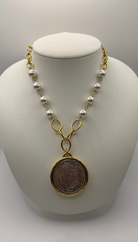 Coin Necklace with Pearl Chain