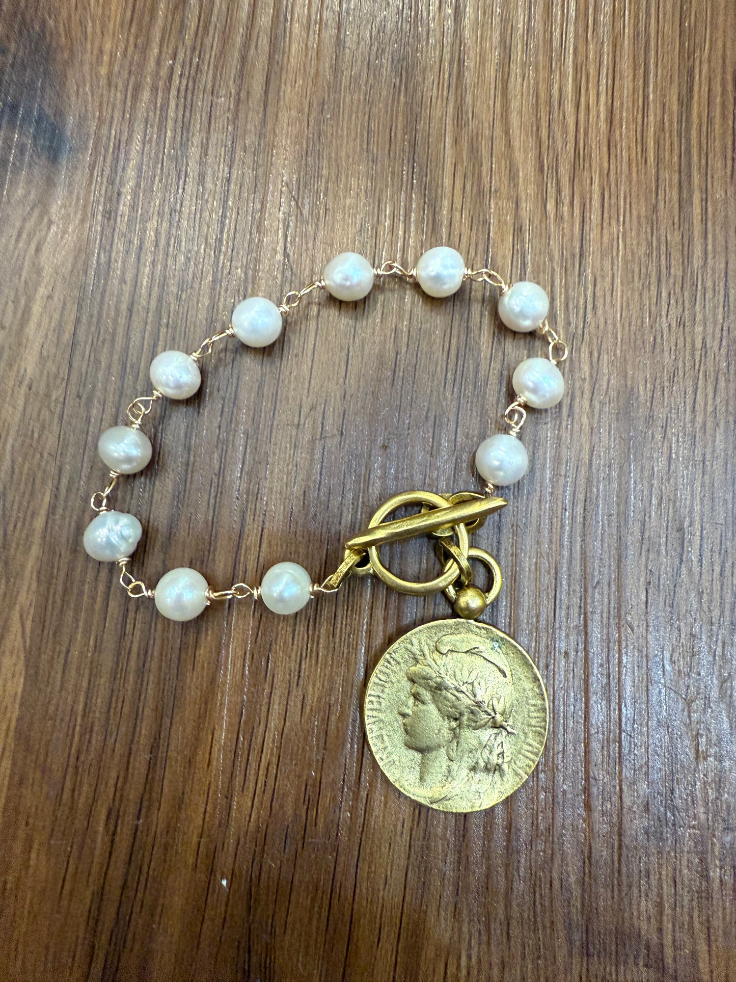 Gold Coin Bracelet w/ Pearls