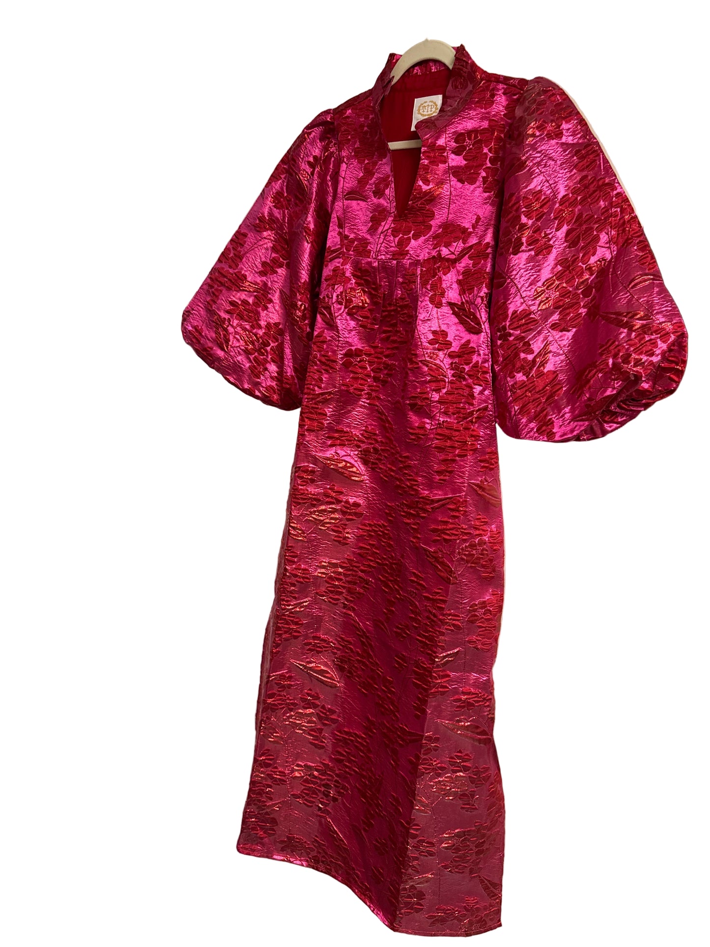 Pink Puff Sleeve Jacquard Maxi Dress