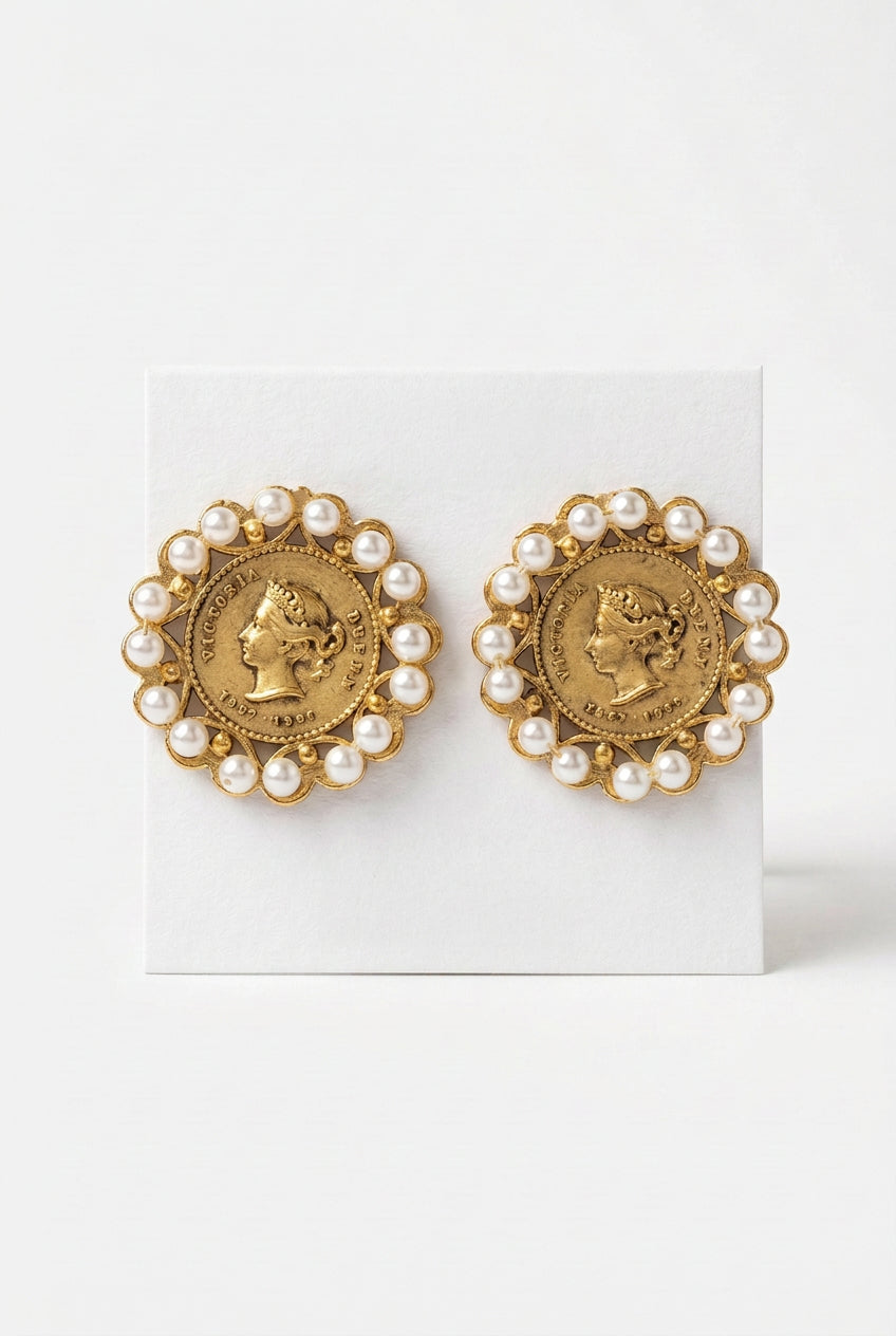 Pearl Encased Queen Coin Earrings