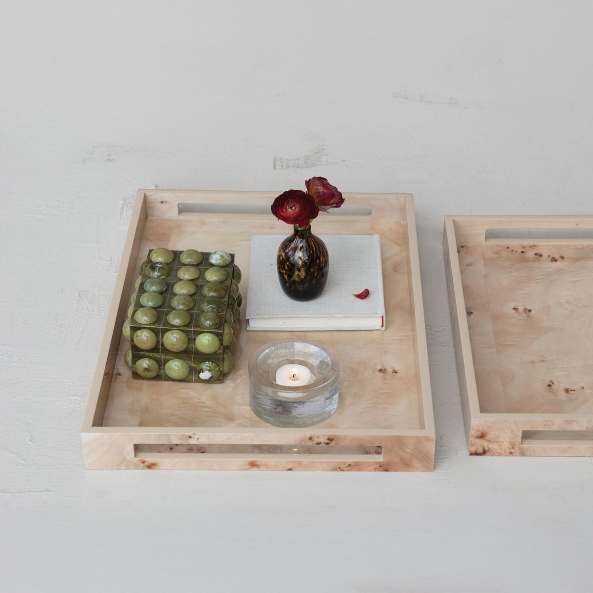 MDF & Burl Wood Veneer Trays w/ Handles (2 Sizes)