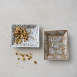 Hand-painted Stoneware Bird & Botanicals Dish in Tan & White