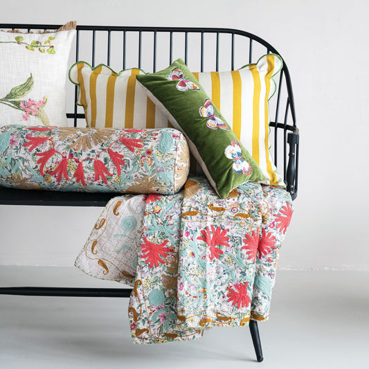 Cotton Velvet Lumbar Pillow with Embroidered Butterflies & Chambray Back