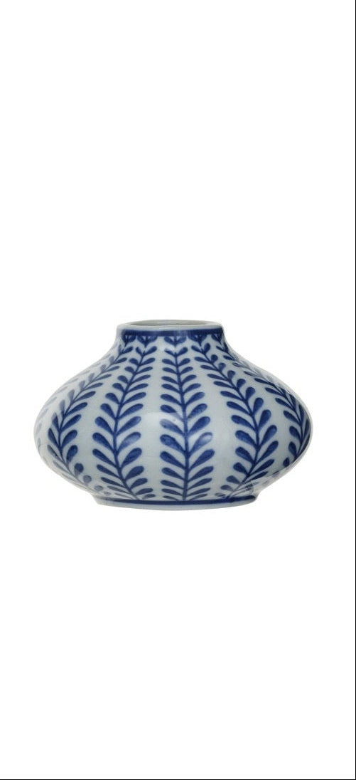 Blue & White Stamped Stoneware Vase (3 Styles)