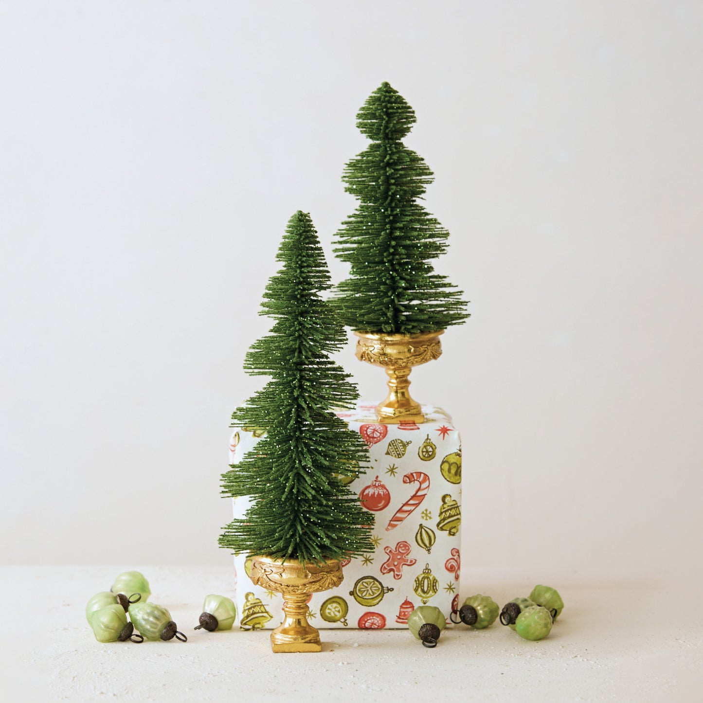 Plastic Bottle Brush Tree with Glitter & Urn Base, Green & Gold Finish
