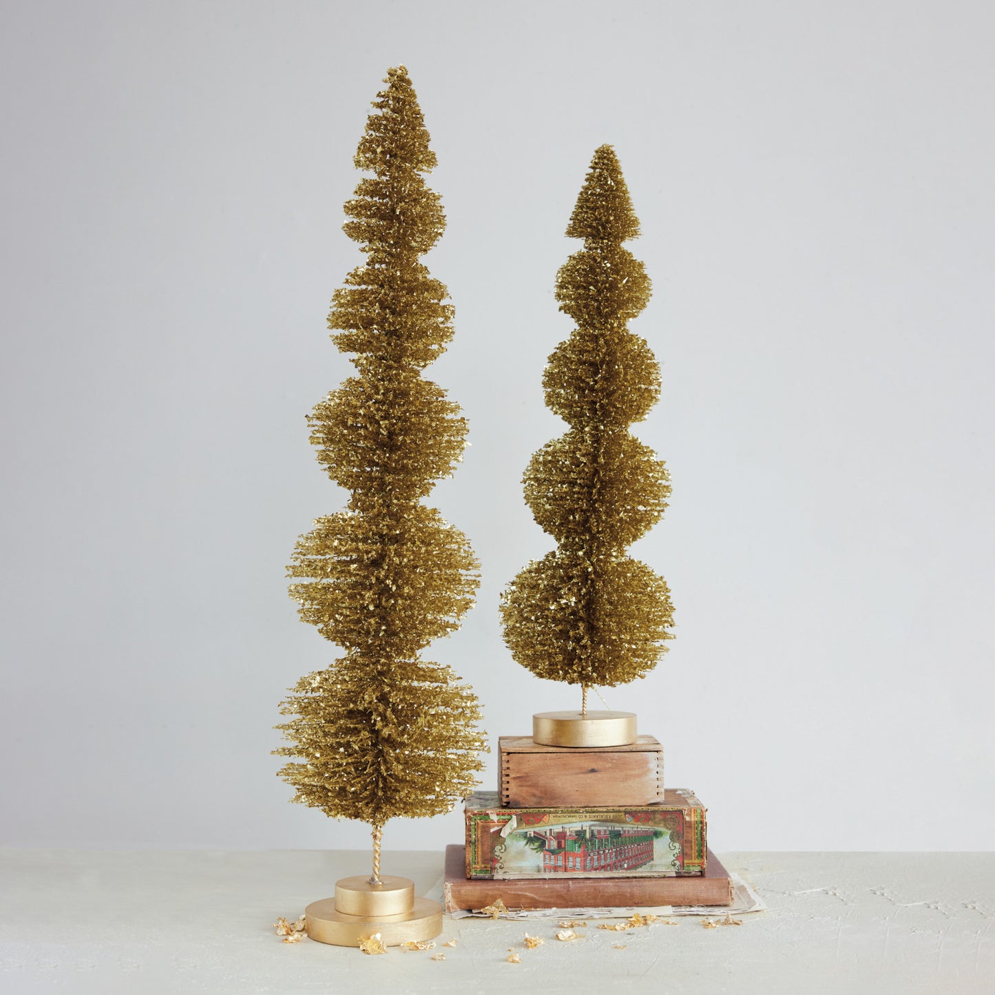 Plastic Topiary Shaped Bottle Brush Tree with Wood Base, Gold Glitter Finish