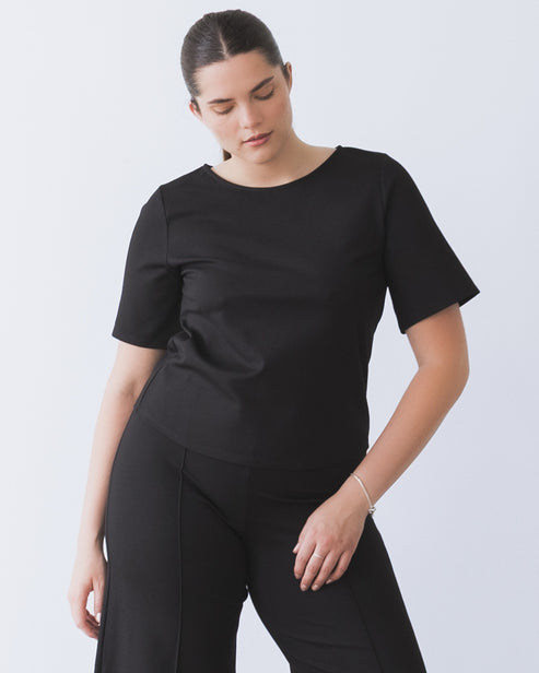 Black Ponte Knit Extended Short Sleeve Top