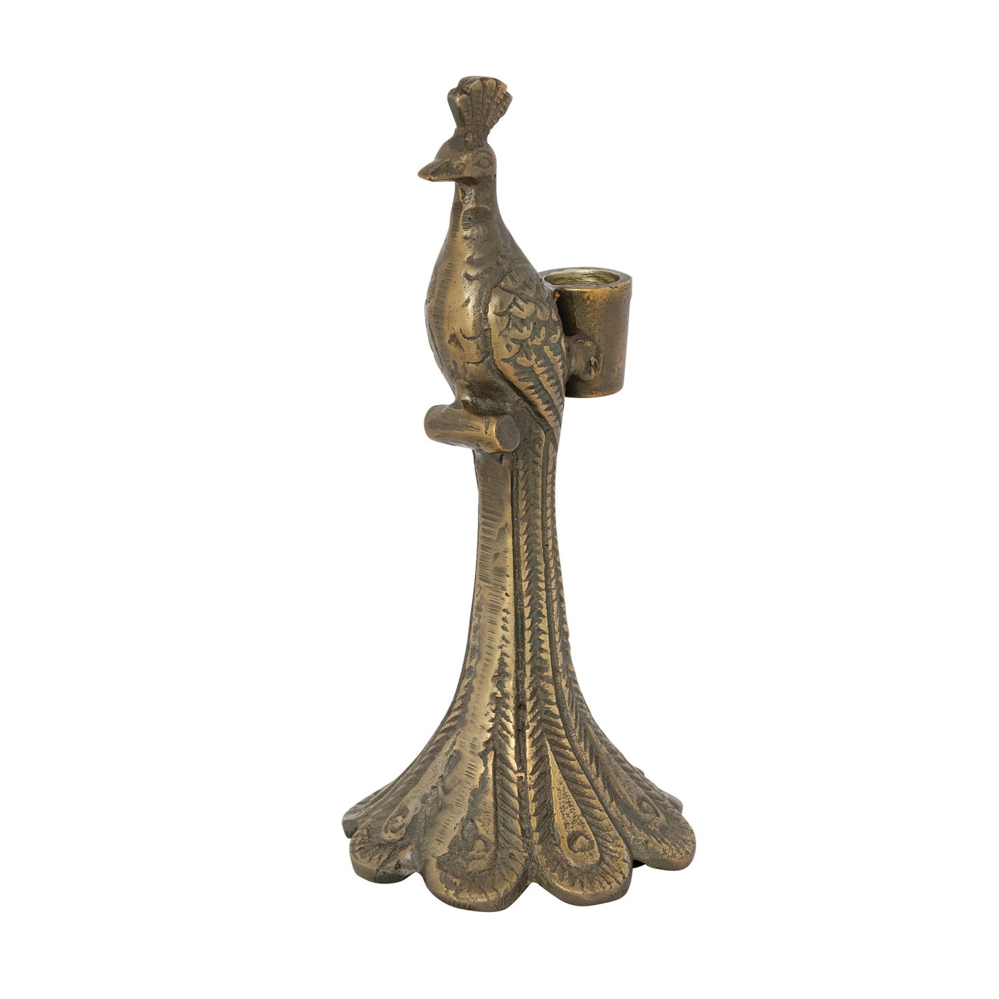 Cast Aluminum Peacock Shaped Taper Holder, Antique Gold Finish