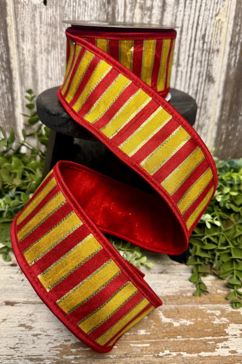 JME Dupion Metallic Stripe Gold/Red Ribbon