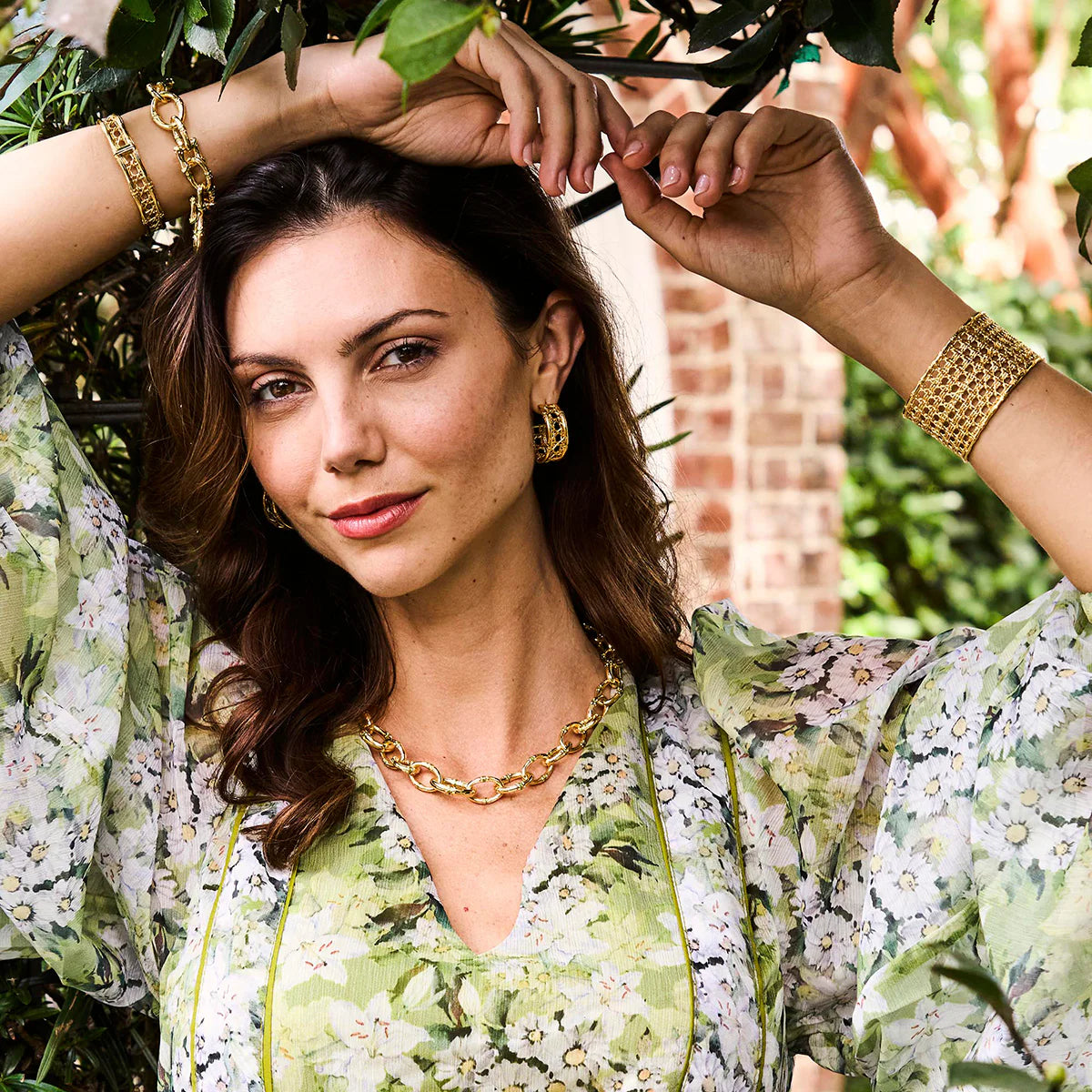 BANGKOK BAMBOO
Link Necklace, 18" - Gold/Green Enamel