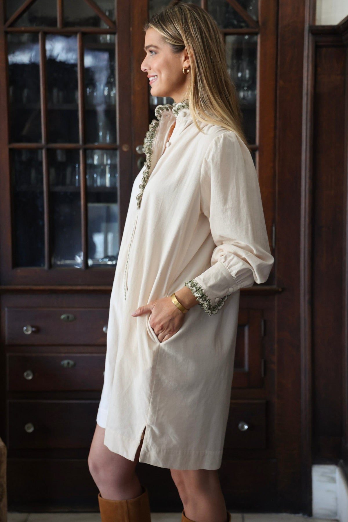 Caroline Embroidered Mini Dress in Ivory Corduroy