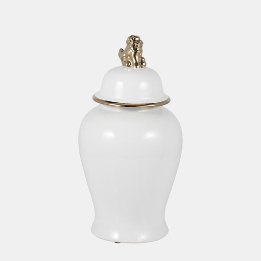 18” Lion Head Temple Jar (White/Gold)