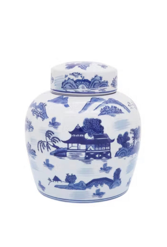 9” Rounded Jar w/ Lid (Blue & White)