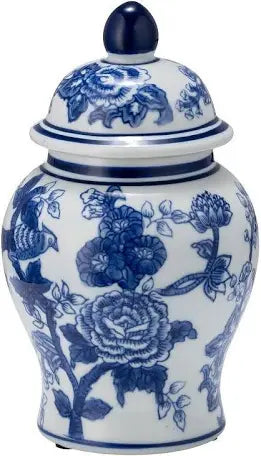 8” Blue & White Temple Jar (Bird/Flower)