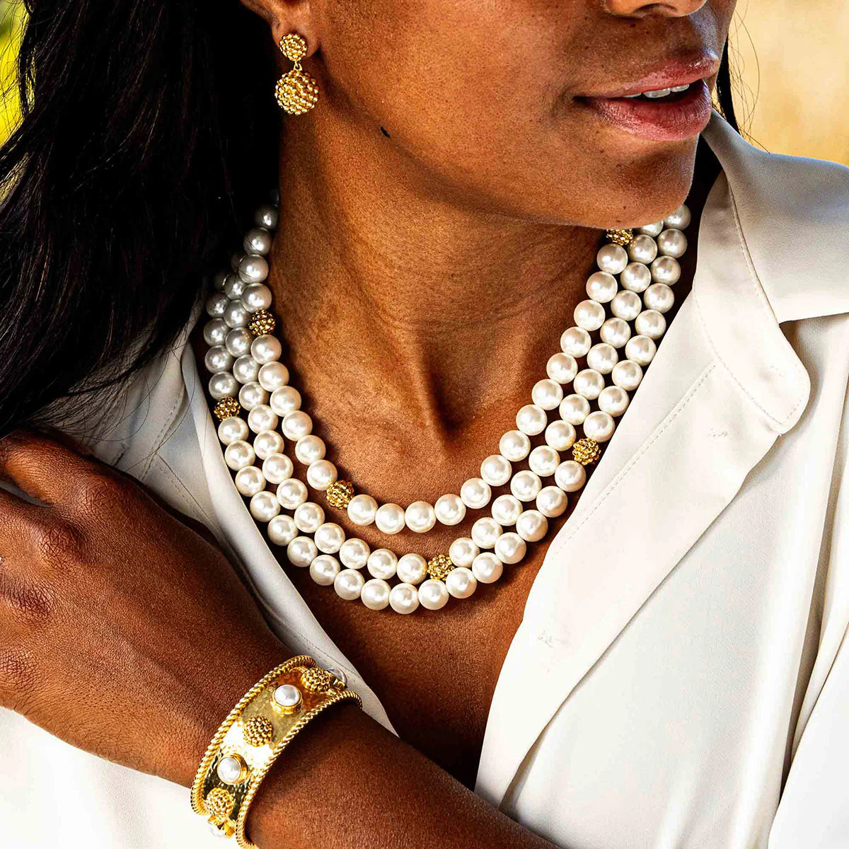 Berry Bead Triple Strand Necklace, 18"+2'' - Pearl
