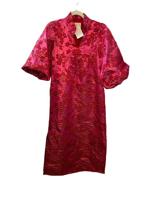 Pink Puff Sleeve Jacquard Maxi Dress