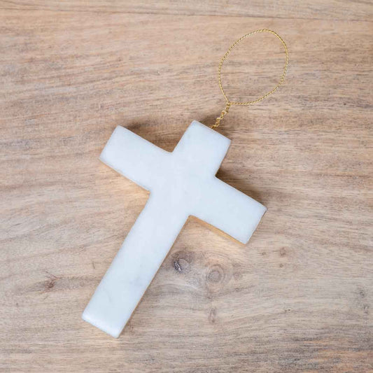 The Royal Standard - Cross Marble Ornament   White/Gold   3x4x.6