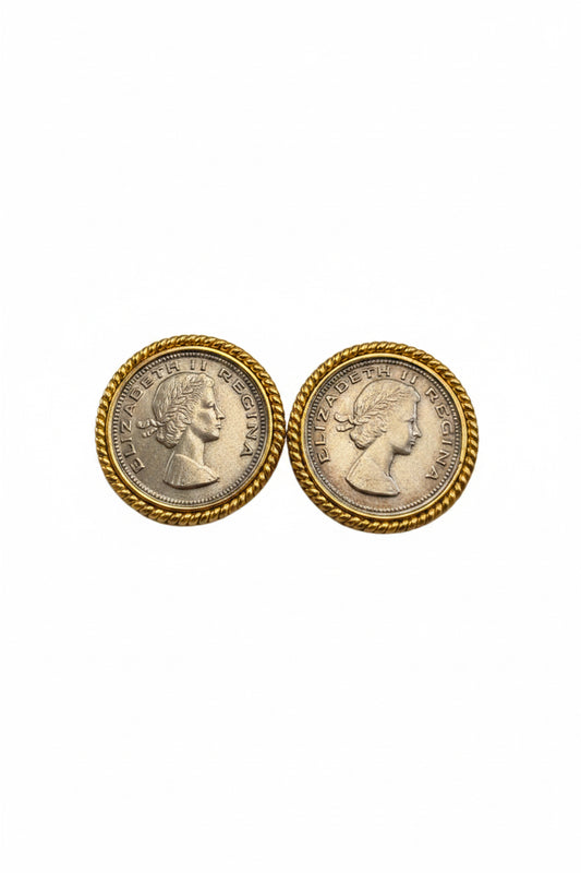 Silver Coin Clip On Gold Rope Encasing Earrings