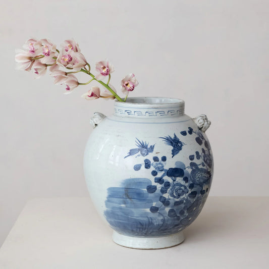 Hand-Painted Stoneware Vintage Reproduction Cachepot w/ Floral Pattern