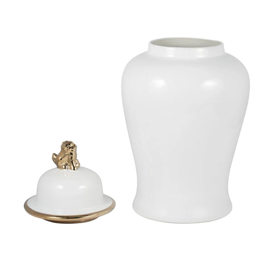 24” Lion Head Temple Jar (White & Gold)
