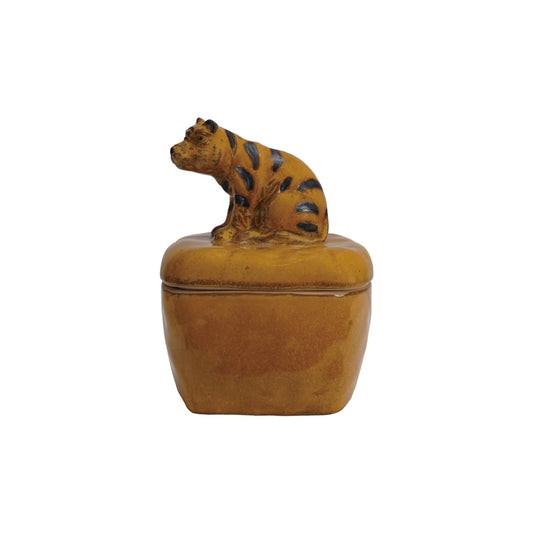 Stoneware Box w/ Tiger Shaped Lid