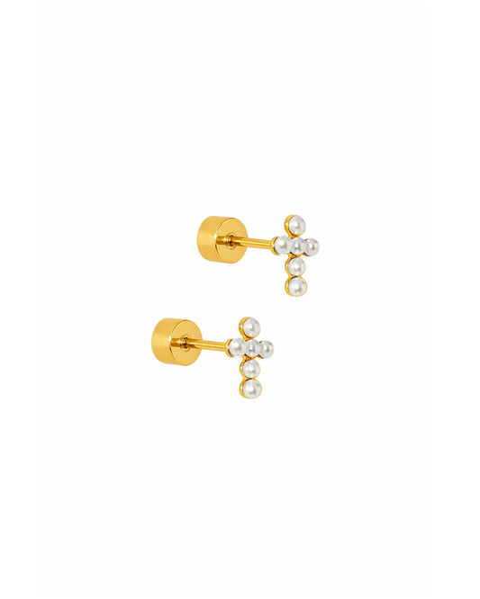 LINNY CO - Screwback Stud Earrings - Clara Cross Pearl