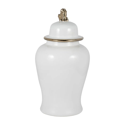 24” Lion Head Temple Jar (White & Gold)