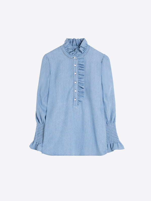 Blue Denim Shirt With Front Ruffles