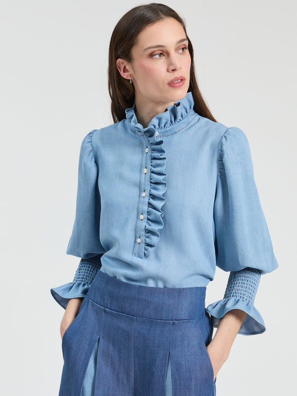 Blue Denim Shirt With Front Ruffles