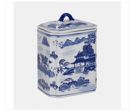 8” Chinoiserie Blue & White Rectangular Jar w/Lid