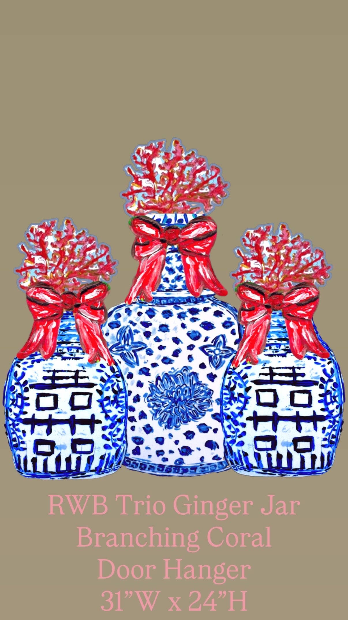 LARGE Designer Branch Coral Trio Ginger Jars Door Hanger