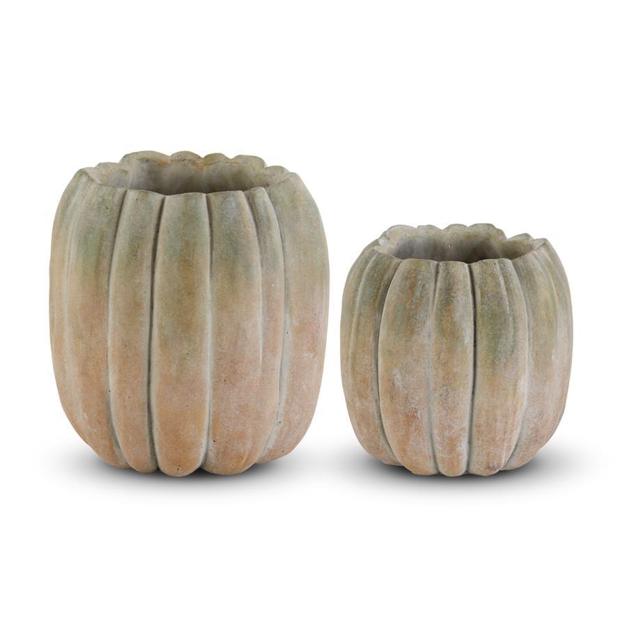 Set of 2 Tall Whitewashed Orange and Green Cement Pumpkin Planters