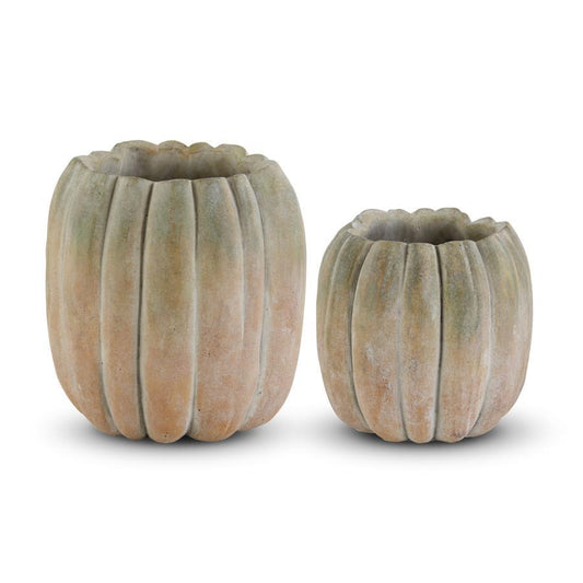 Tall Whitewashed Orange and Green Cement Pumpkin Planters