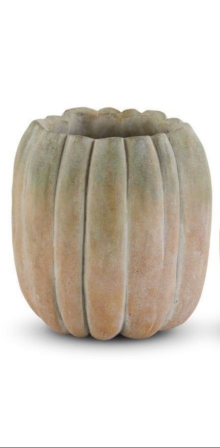 Tall Whitewashed Orange and Green Cement Pumpkin Planters
