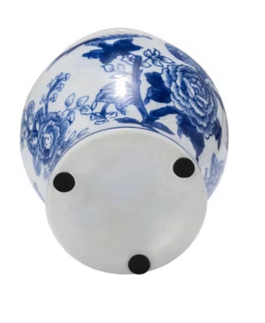 8” Blue & White Temple Jar (Bird/Flower)