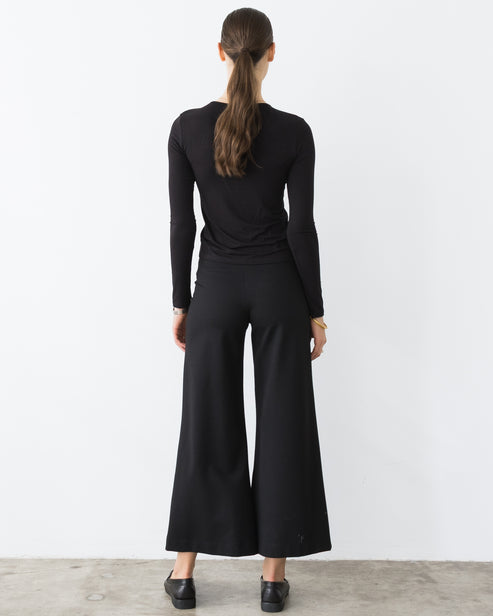 Black Ponte Knit Cropped Wide Leg Pant