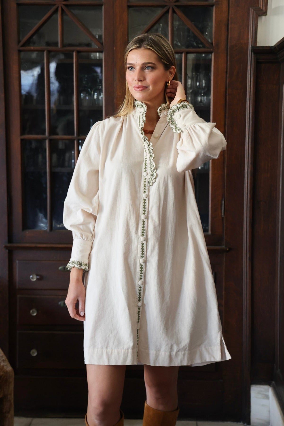 Caroline Embroidered Mini Dress in Ivory Corduroy